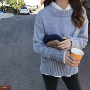 Заказать женский серый базовый вязаный свитер со спущенной линией плеча для женщин выгодно