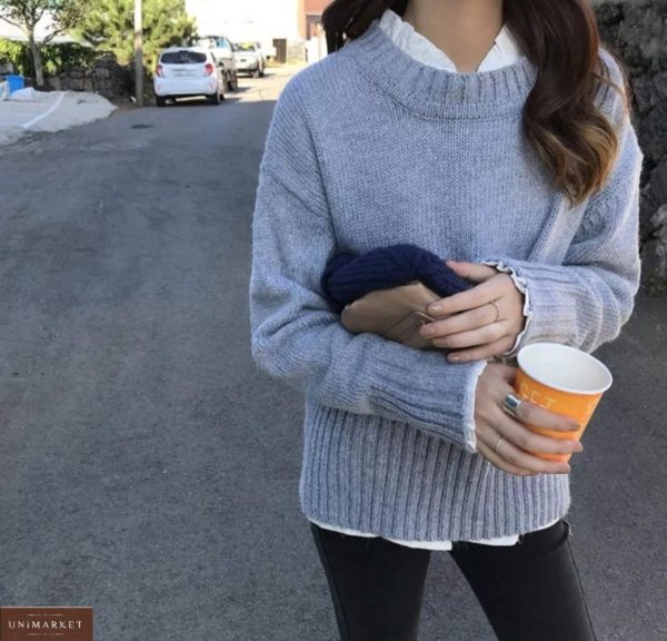 Замовити жіночий сірий базовий в'язаний светр зі спущеною лінією плеча для жінок вигідно