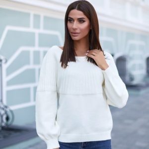 Купить женский свитер с рукавами-фонариками и завязкой на спине белого цвета на осень дешево
