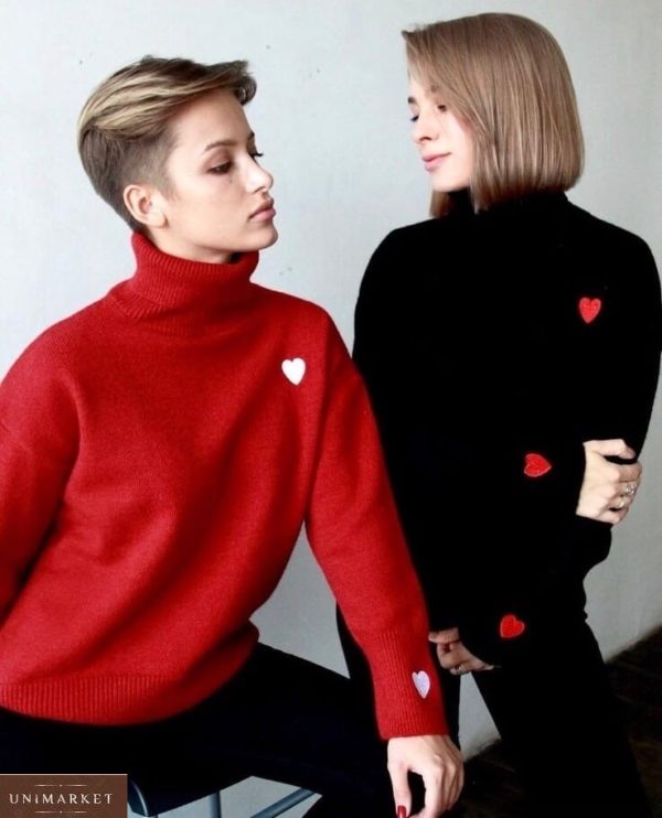 Заказать черный, красный мягкий кашемировый свитер с горлом с сердечками для женщин по скидке
