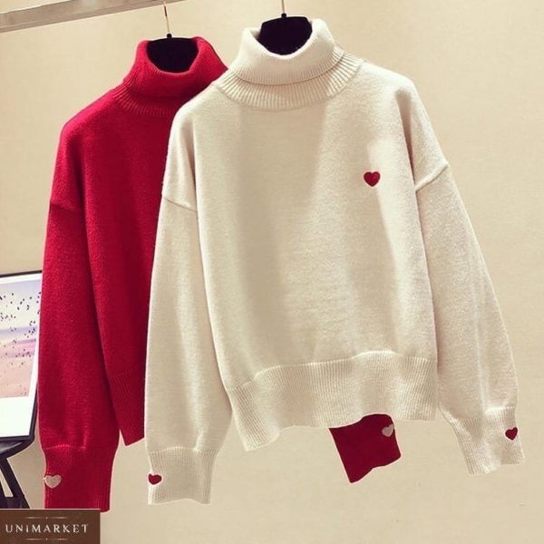 Купить белый, красный женский мягкий кашемировый свитер с горлом с сердечками на осень дешево