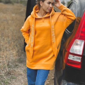 Замовити помаранчевий теплий худі для жінок оверсайз з накатом (розмір 42-48) онлайн