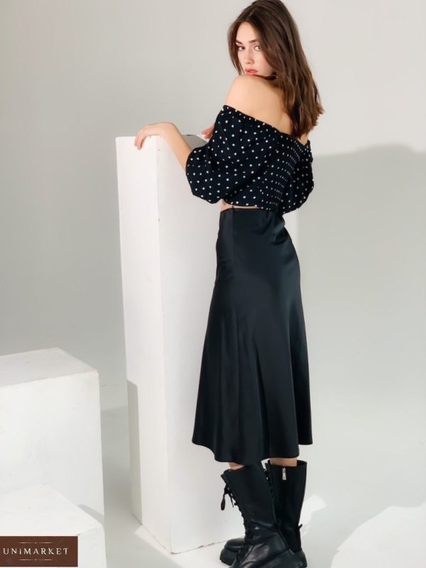 Заказать женскую шелковую юбку длины миди (размер 42-48) черного цвета недорого