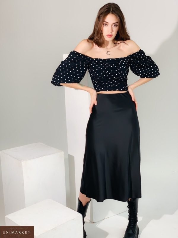 Купить черную шелковую юбку длины миди (размер 42-48) по скидке для женщин
