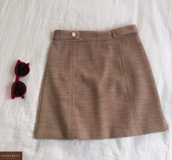 Заказать женскую коричневую мини юбку из твида в мелкую полоску елочка онлайн