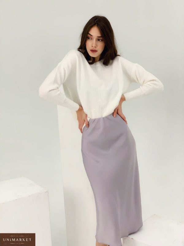 Приобрести женскую сиреневого цвета шелковую юбку длины миди (размер 42-48) по скидке