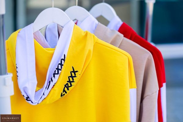 Замовити жовтий, беж, червоний спортивний костюм з подвійним прінтована капюшоном (розмір 42-48) за низькими цінами для жінок