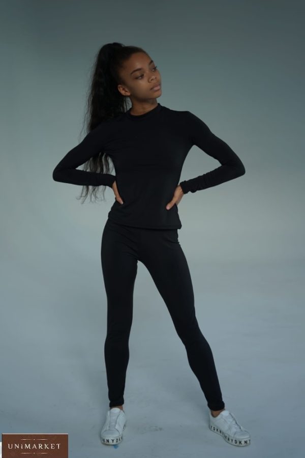 Заказать черного цвета женский трикотажный костюм на флисе: лосины и гольф (размер 42-54) онлайн
