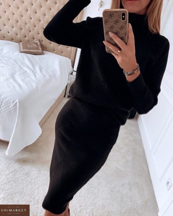 Замовити жіночий структурний теплий костюм чорного кольору з ангори: гольф + спідниця недорого