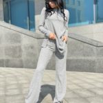 Замовити жіночий прогулянковий костюм рубчик з тунікою недорого світло-сірого кольору