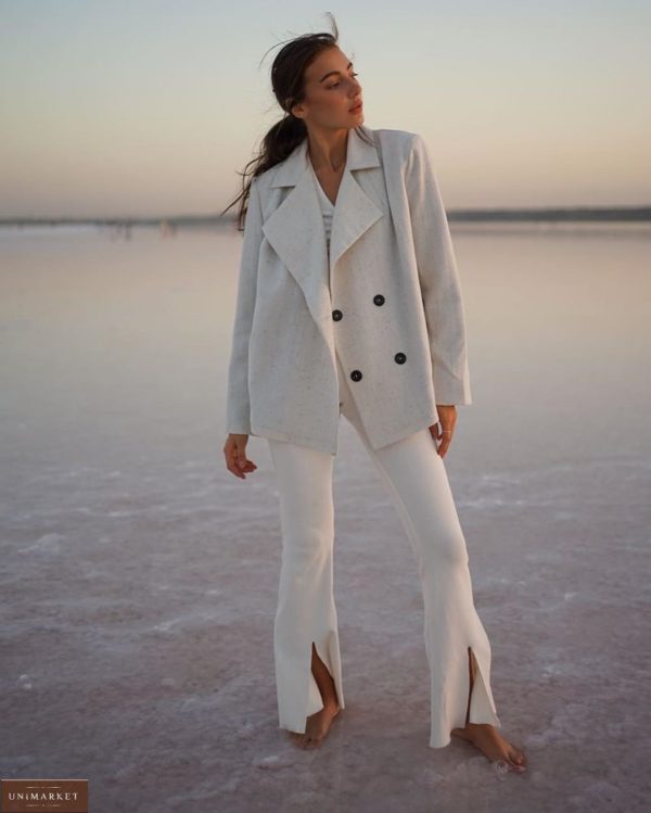 Замовити жіночий сірий двобортний піджак з вовни на підкладці з поясом (розмір 42-52) онлайн
