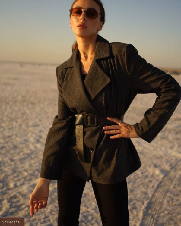 Придбати чорний жіночий двобортний піджак з вовни на підкладці з поясом (розмір 42-52) на осінь недорого