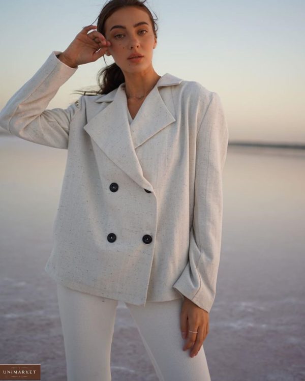 Замовити сірого кольору двобортний піджак з вовни на підкладці з поясом (розмір 42-52) для жінок вигідно