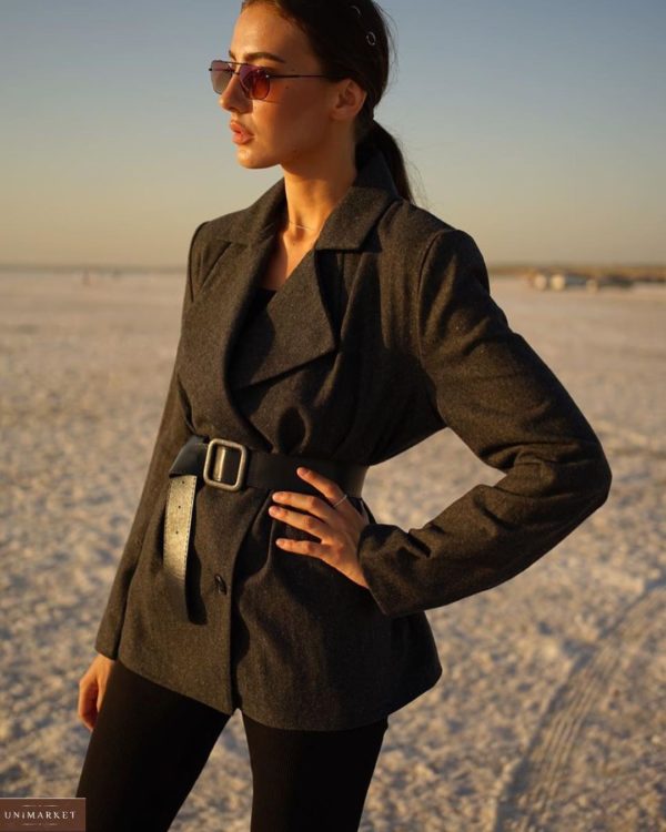 Купити жіночий двобортний піджак з вовни на підкладці з поясом (розмір 42-52) чорний в інтернеті