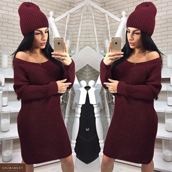 Приобрести женское цвета бордо недорого платье-тунику с открытыми плечами+шапка