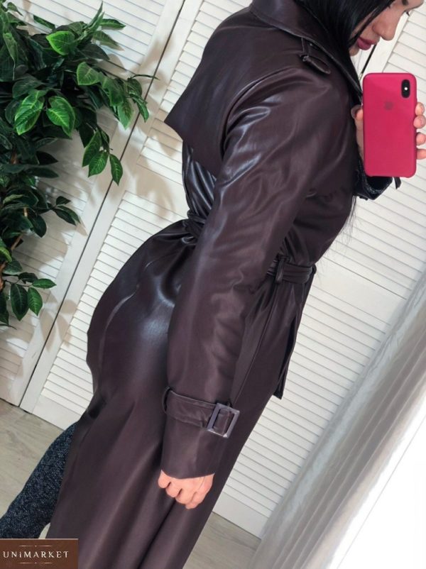 Приобрести коричневый женский плащ-пальто из эко кожи на замшевой основе онлайн