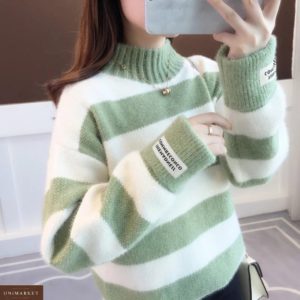 Купить зеленый для женщин полосатый свитер оверсайз из ангоры недорого