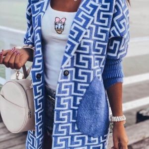 Заказать на осень удлиненный кардиган из шерсти альпака голубой с узором для женщин онлайн