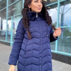 Купить синюю женскую теплую куртку с искусственным мехом (размер 46-48) онлайн