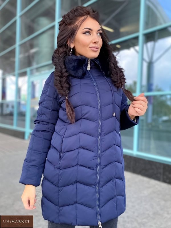 Купить синюю женскую теплую куртку с искусственным мехом (размер 46-48) онлайн