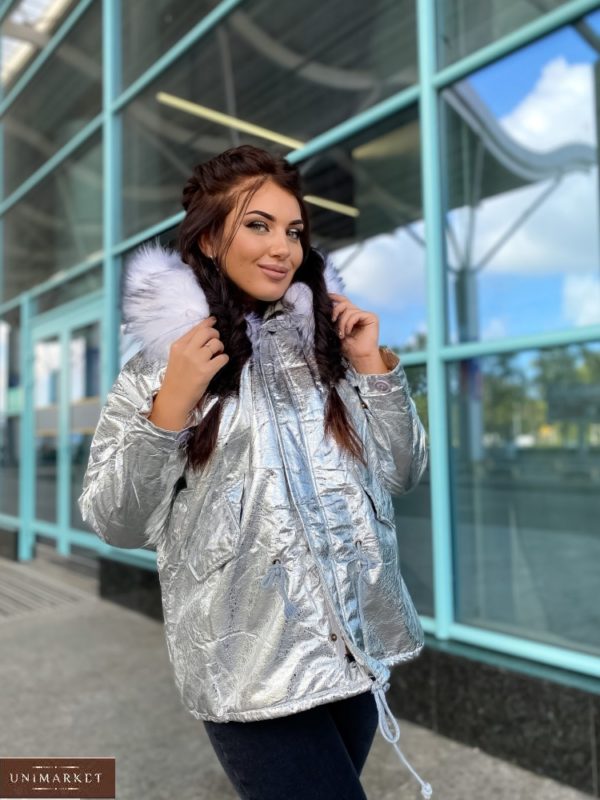 Замовити срібло жіночу зимову куртку-парку на хутрі (розмір 42-48) онлайн