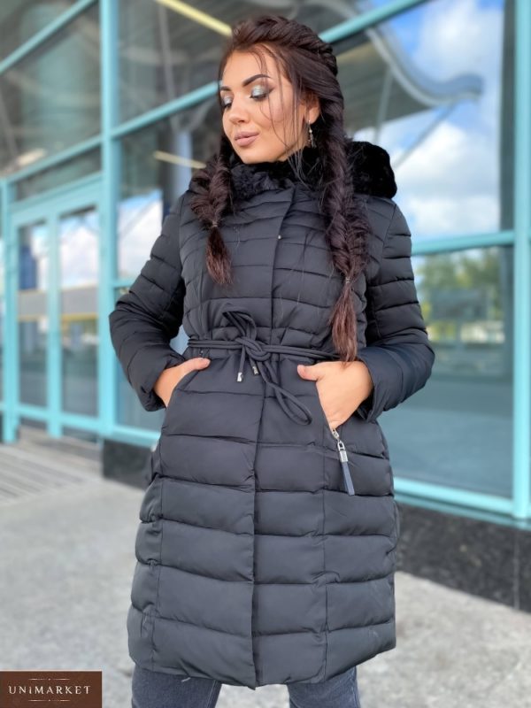 Купити жіночу куртку на холлофайбері з хутром (розмір 46-48) на зиму чорного кольору онлайн