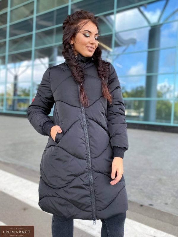 Заказать черную женскую зимнюю куртку на змейке на холлофайбере (размер 48-50) онлайн