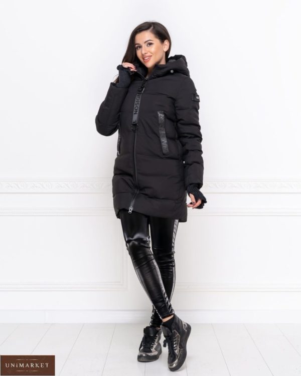 Купить черную зимнюю женскую куртку на холлофайбере с капюшоном (размер 42-50) выгодно