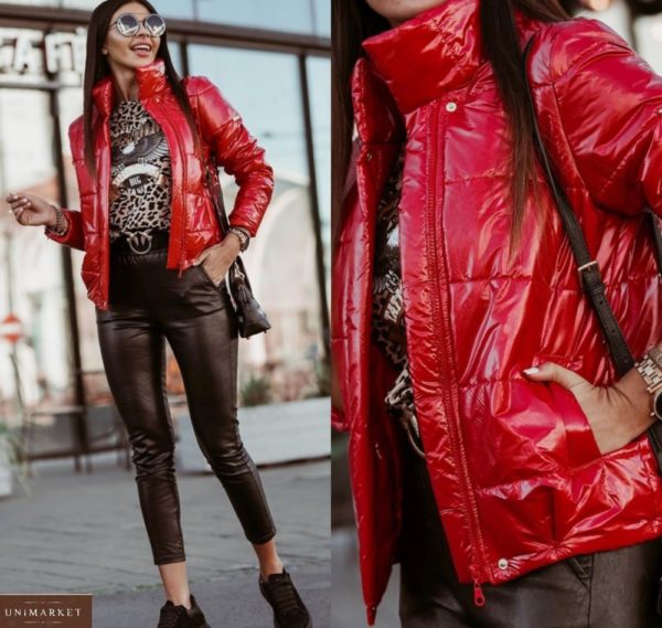 Купити в інтернеті червону глянцеву куртку на синтепуху для жінок
