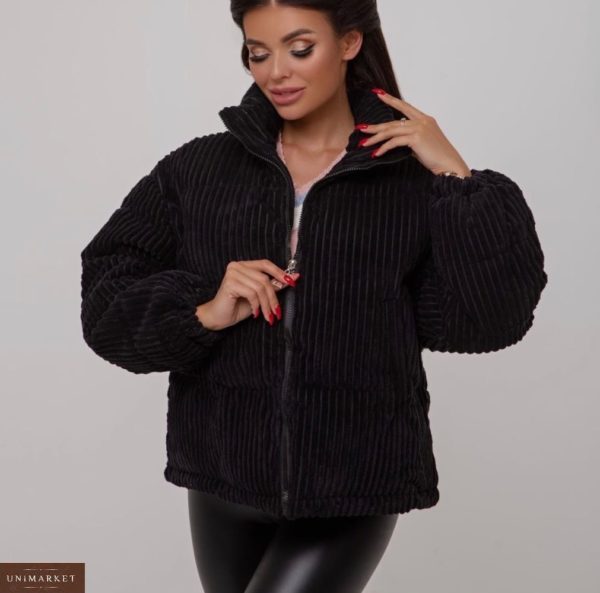 Замовити чорну жіночу куртку з вельвету з наповнювачем (розмір 44-48) за низькими цінами