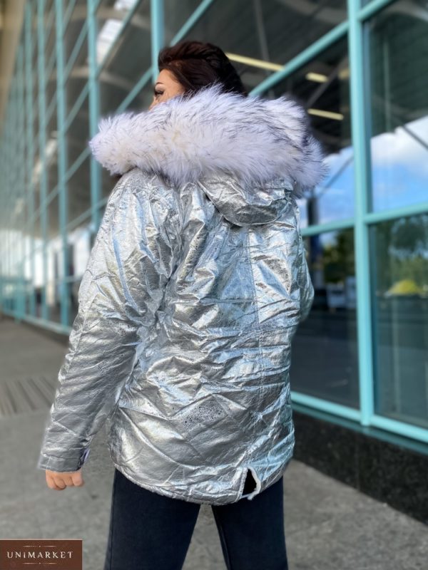 Купити срібну зимову куртку-парку на хутрі (розмір 42-48) для жінок за низькими цінами
