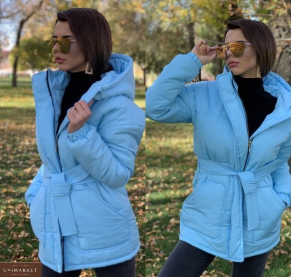 Придбати блакитну для жінок зимову куртку з капюшоном і накладними кишенями по знижці