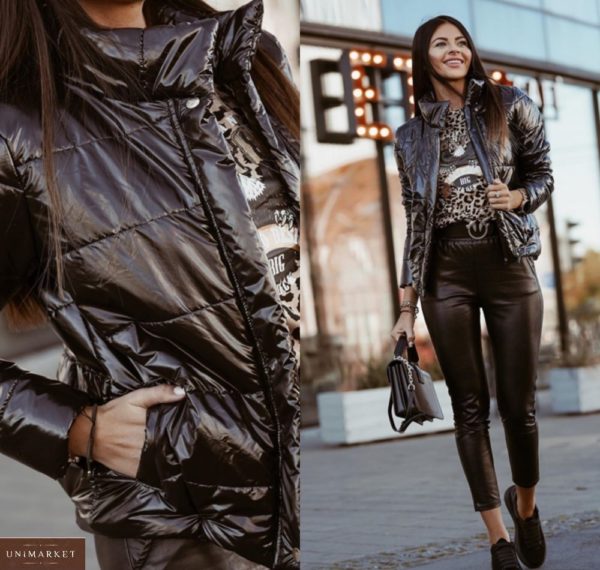 Заказать черную глянцевую женскую куртку на синтепухе онлайн