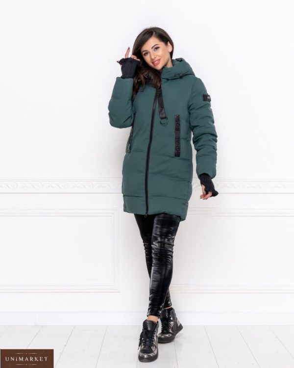 Купить женскую зимнюю куртку на холлофайбере с капюшоном (размер 42-50) цвета морская волна дешево