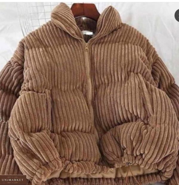 Придбати коричневого кольору жіночу куртку з вельвету з наповнювачем (розмір 44-48) дешево