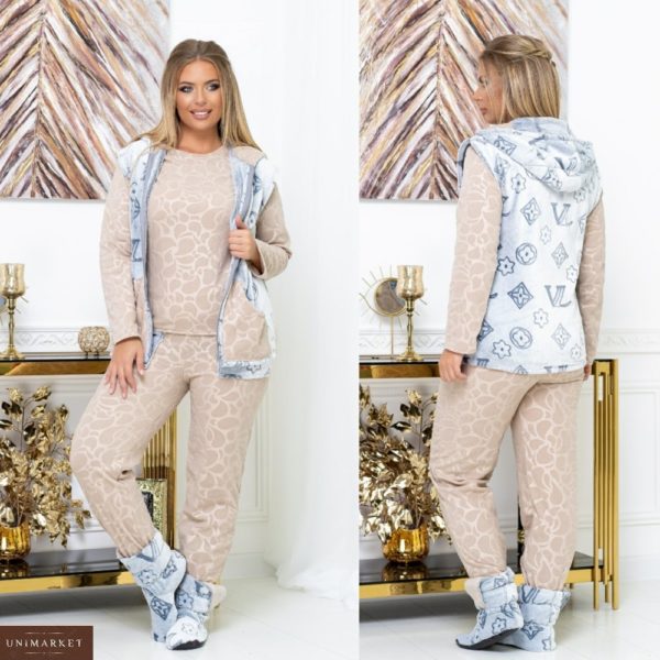 Купити бежеву піжаму жіночу з теплим жилетом + домашні чобітки (розмір 42-62) онлайн