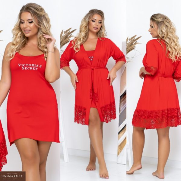 Купити червоний жіночий халат + нічна сорочка з мереживом (розмір 42-62) недорого
