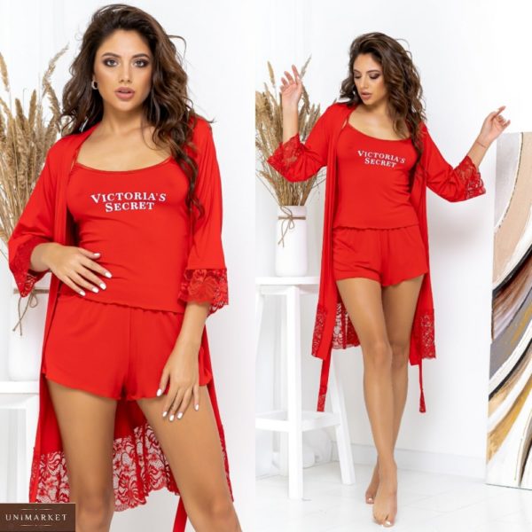 Заказать красного цвета комплект женский Victoria’s Secret: трикотажная пижама с шортами+халат (размер 42-62) недорого