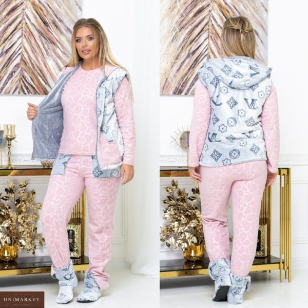 Приобрести пудра женскую пижаму с теплым жилетом + домашние сапожки (размер 42-62) на зиму недорого