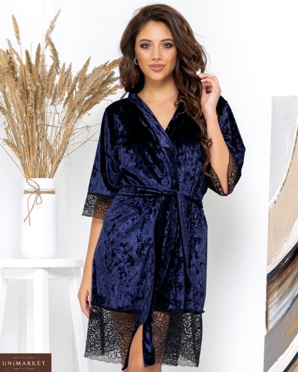 Заказать синюю пижаму с шортами+халат из велюра с кружевом (размер 42-62) для женщин недорого