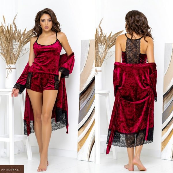 Заказать цвета бордо пижаму для женщин с шортами+халат из велюра с кружевом (размер 42-62) онлайн