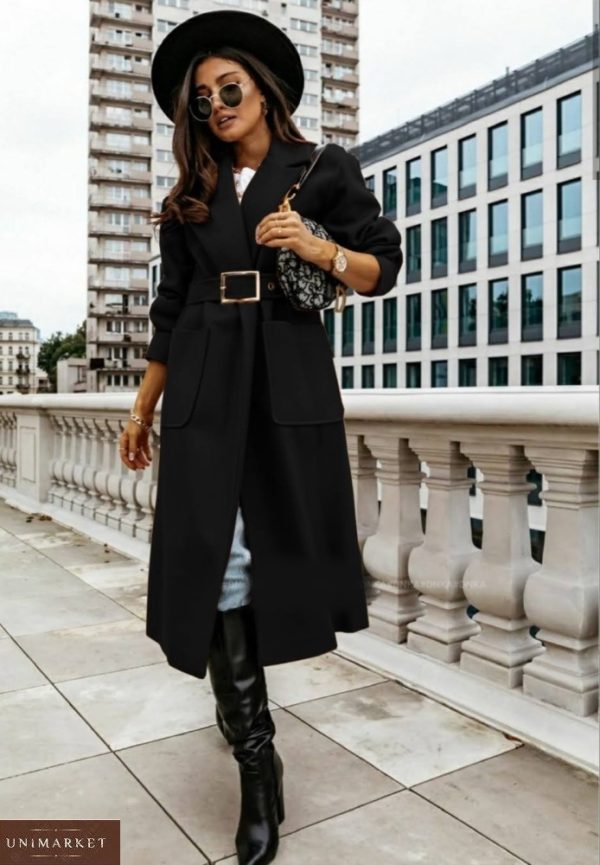 Купить на осень черное оверсайз пальто с поясом и карманами (размер 42-56) для женщин выгодно