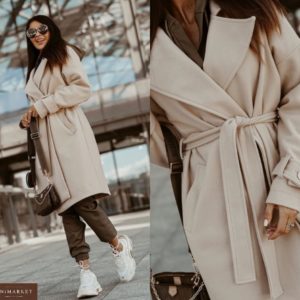 Заказать беж пальто для женщин из кашемира с поясом и карманами онлайн
