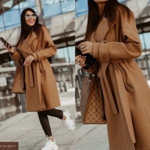 Купить женское пальто из кашемира коричневое с поясом и карманами онлайн