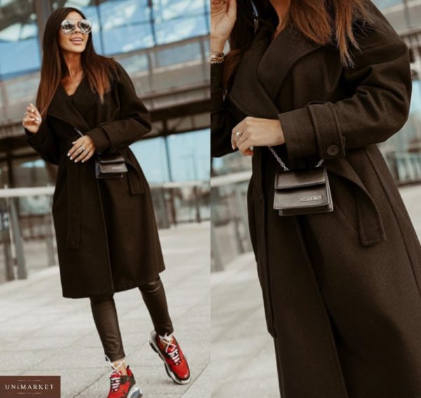 Купить черное пальто из кашемира с поясом для женщин и карманами дешево
