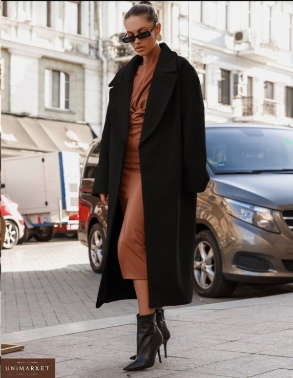 Придбати чорного кольору довге універсальне пальто оверсайз недорого жіноче