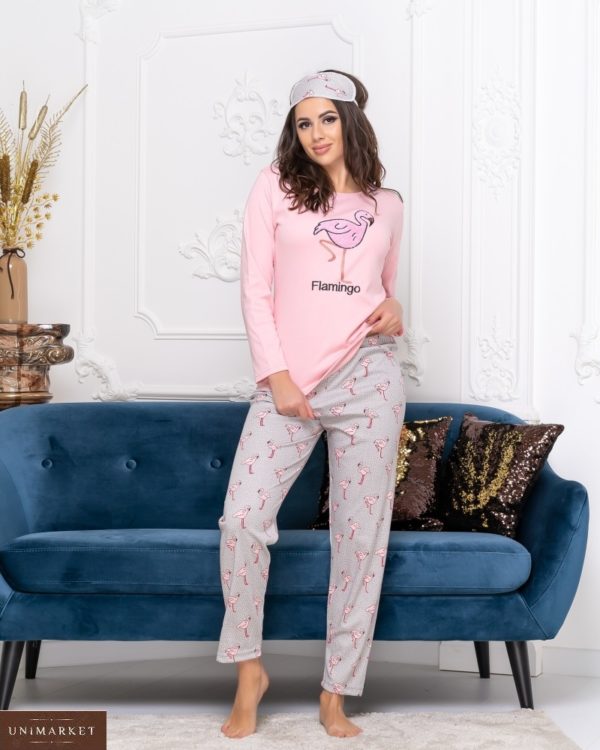 Заказать женскую розовую пижама с фламинго с повязкой в комплекте (размер 44-50) в интернете