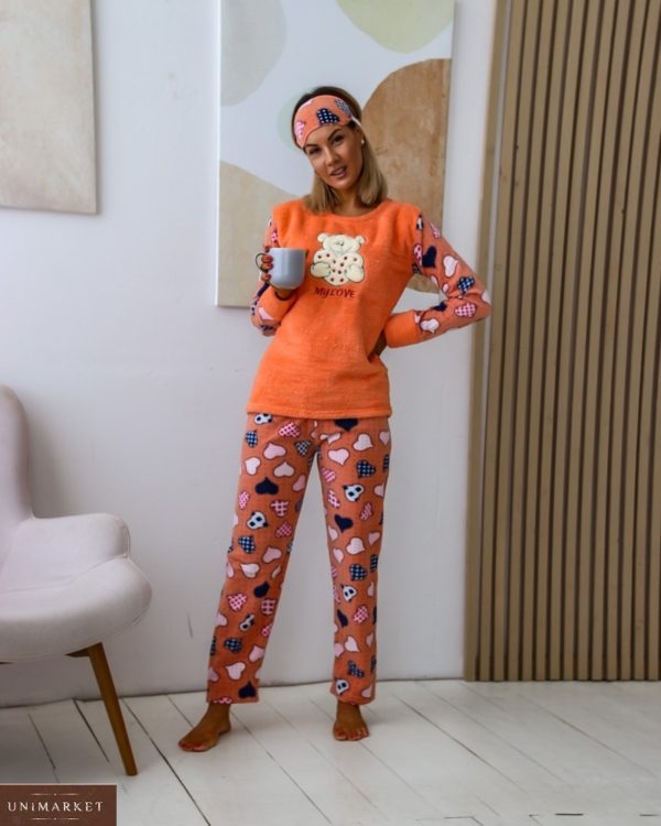 Приобрести женскую онлайн оранжевую теплую пижаму из плюша с повязкой (размер 42-50)