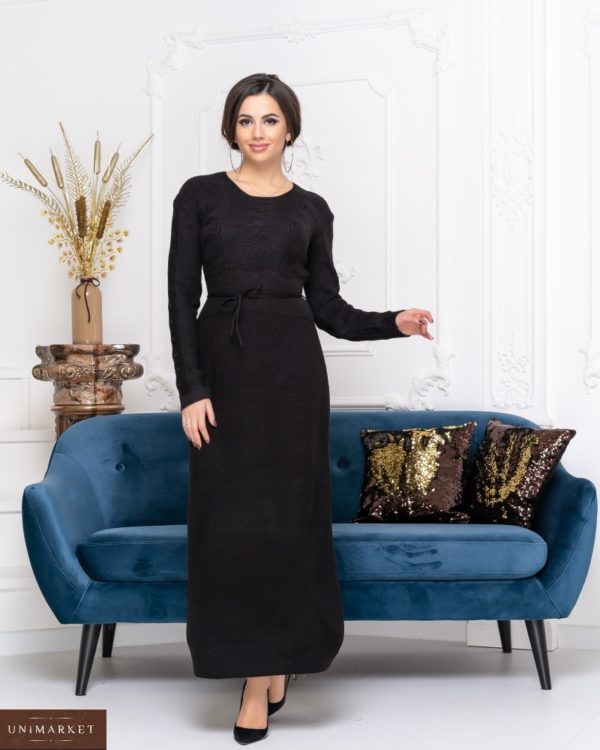 Заказать черное длинное вязаное платье с круглым вырезом для женщин онлайн
