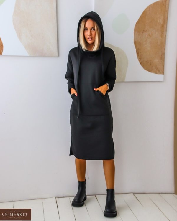 Купити чорне тепле плаття-худі з начосом (розмір 42-56) по знижці для жінок